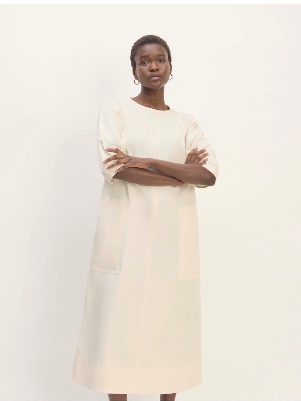 Everlane Women's Short-Sleeve, Puff Midi Dress in Bone White,